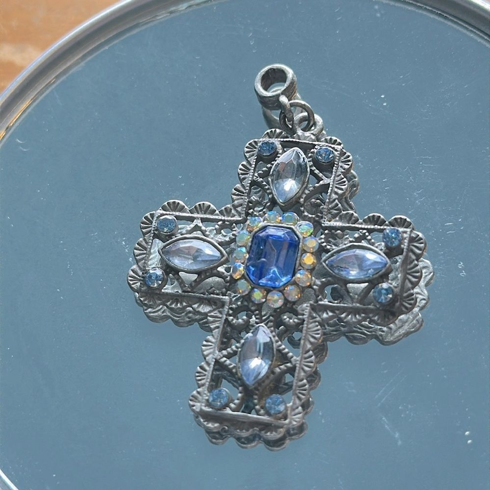 Silver Tone‎ Ornate Cross Pendant with Light Blue Rhinestone Accents